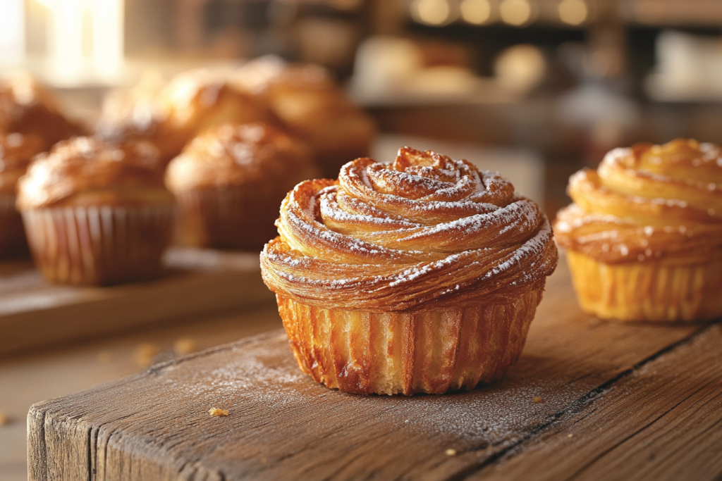 Golden-brown cruffins with flaky, spiral layers dusted with powdered sugar, resembling a fusion of croissants and muffins, displayed on a rustic wooden countertop.