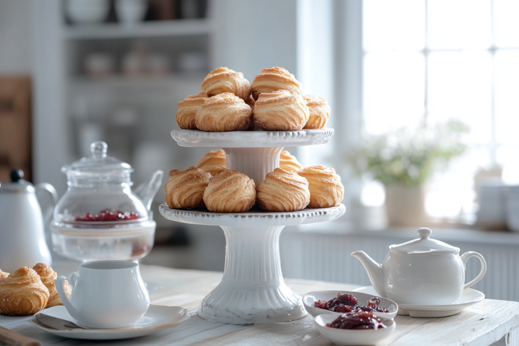 Fresh cruffins on a tiered pastry tower, with an airtight container for storage, served alongside coffee, tea, jam, honey, and fresh fruit for a cozy and elegant presentation.