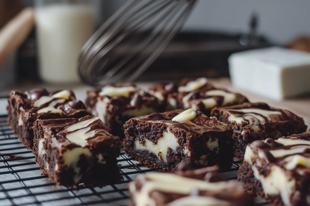 White chocolate cream cheese swirl brownies with a marbled effect, sliced and arranged on a cooling rack. White chocolate chips are visible on top, with a baking tray and ingredients in the background, highlighting the preparation process.