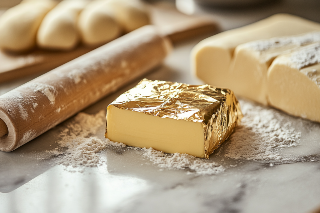 European-style butter in gold foil, sliced and placed on a marble countertop next to a partially rolled-out dough, showcasing the preparation for lamination in cruffin-making.