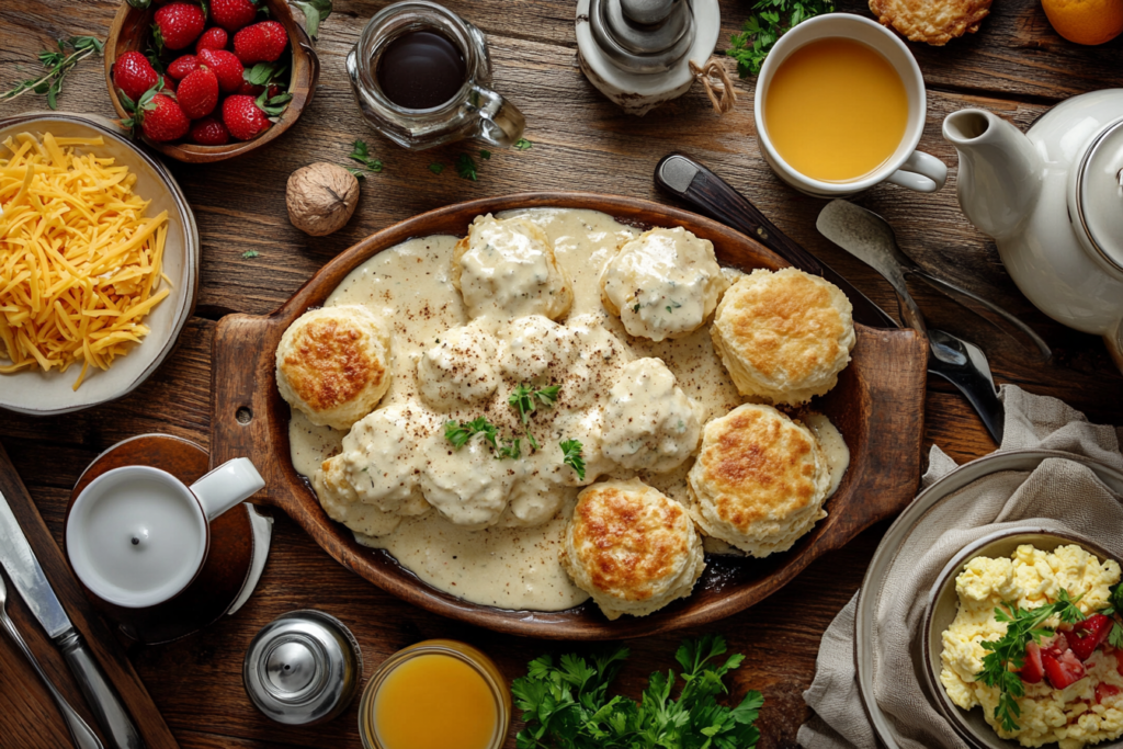 A rustic breakfast table with biscuits covered in sausage gravy on a platter, surrounded by hash browns, scrambled eggs, and fresh fruit. Hot coffee, orange juice, and garnishes like herbs, cheese, and hot sauce complete the inviting scene.