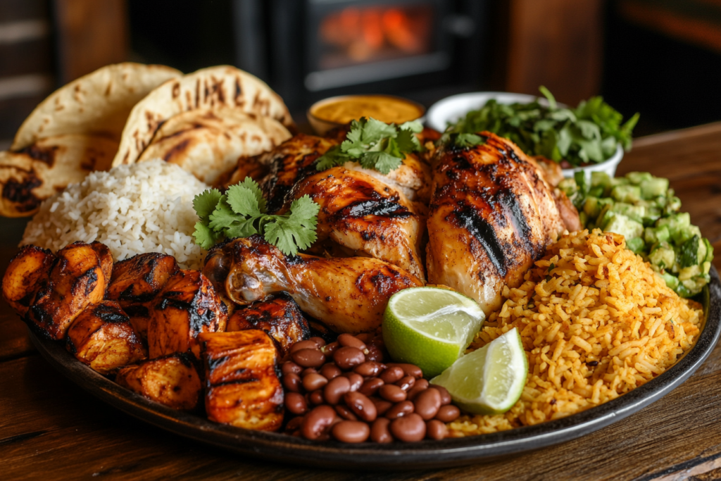 A large platter of golden, juicy chicken garnished with fresh cilantro and lime wedges, surrounded by sides of fluffy rice, seasoned beans, charred grilled vegetables, and warm tortillas. The dish is set on a rustic wooden table with warm lighting, creating a cozy and inviting dining scene.