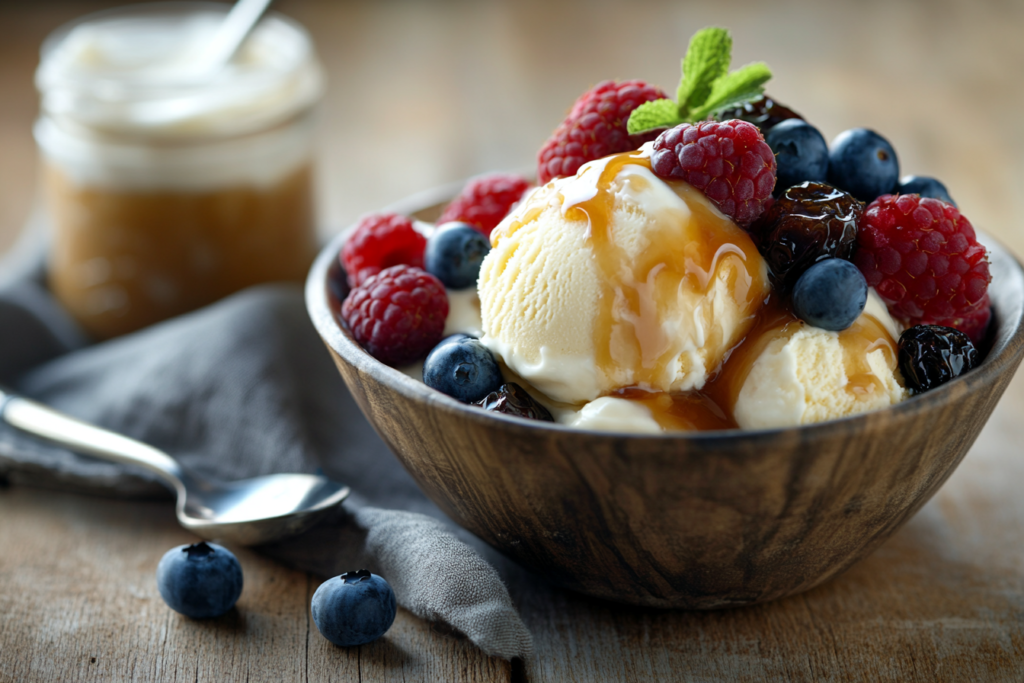 A dessert table featuring a bowl of vanilla ice cream drizzled with glossy date caramel and a dish of Greek yogurt topped with a spoonful of caramel and fresh berries. The scene includes a jar of date caramel and warm wooden accents, creating an inviting and elegant presentation.