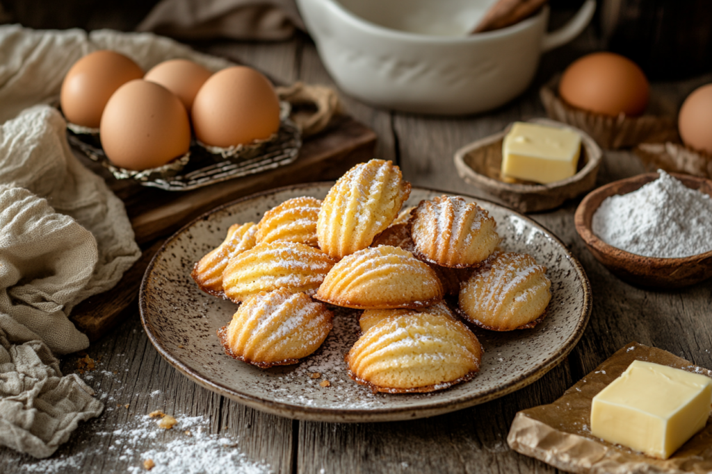 The art of baking Madeleines with precise measurements: a kitchen scale, measuring cups, and golden shell-shaped Madeleines.