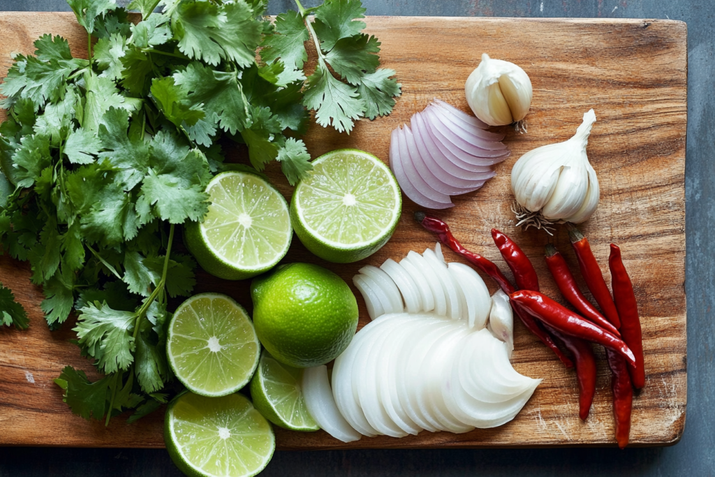 Fresh produce for What is leche de tigre made of? on a cutting board