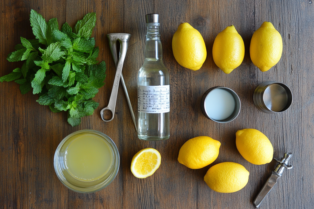 Lemon San Diego cocktail recipe ingredients on a rustic countertop