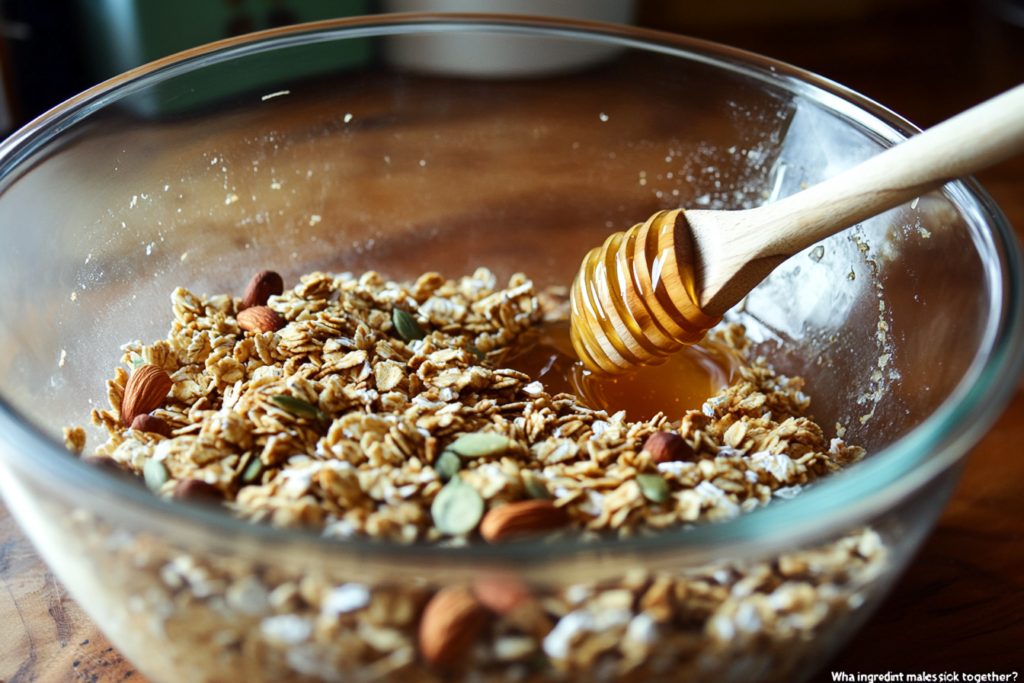 Combining wet and dry ingredients for “What ingredient makes granola stick together?