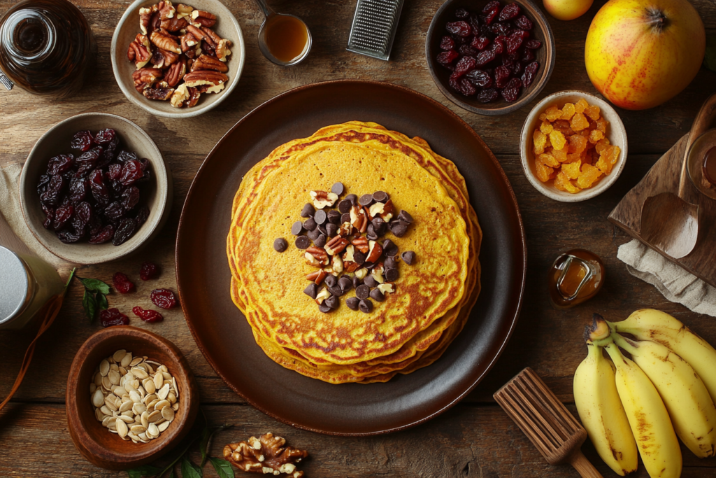 A stack of golden pumpkin pancakes on a rustic plate, surrounded by bowls of mix-ins like dark chocolate chips, chopped walnuts, pecans, and pumpkin seeds. Nearby are dried cranberries, raisins, and chopped dates, along with fresh apple chunks, banana slices, and pear wedges. A bottle of vanilla extract and orange zest grater add aromatic touches, with warm morning light enhancing the cozy breakfast scene.