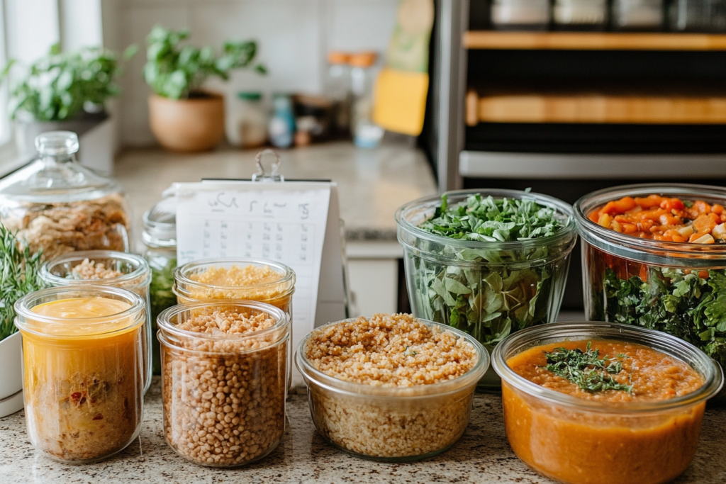 A cozy kitchen showcasing Three Sisters Soup stored in airtight containers for refrigeration and freezing, with bowls repurposing the soup into a hearty stew and a savory pie filling. Leafy greens, grains, and meal planning notes emphasize practicality and versatility.
