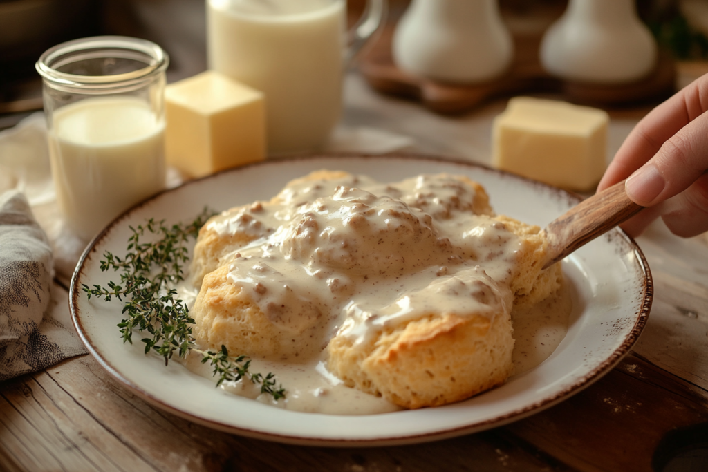 A cozy kitchen with a plate of flaky biscuits topped with creamy sausage gravy, surrounded by cold butter, buttermilk, and thyme sprigs. A hand is mixing biscuit dough in a bowl, with a rustic table and warm sunlight adding to the inviting atmosphere.