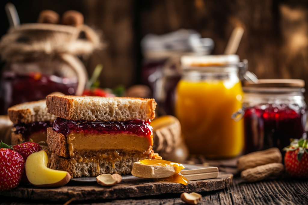 A freshly made peanut butter and jelly sandwich with whole grain bread, natural peanut butter, and homemade fruit jam, placed on a rustic wooden table with jars of ingredients in the background.