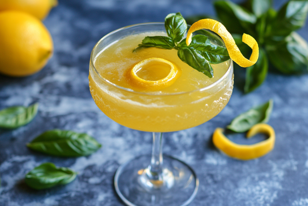 Lemon San Diego cocktail recipe beautifully garnished with herbs and citrus
