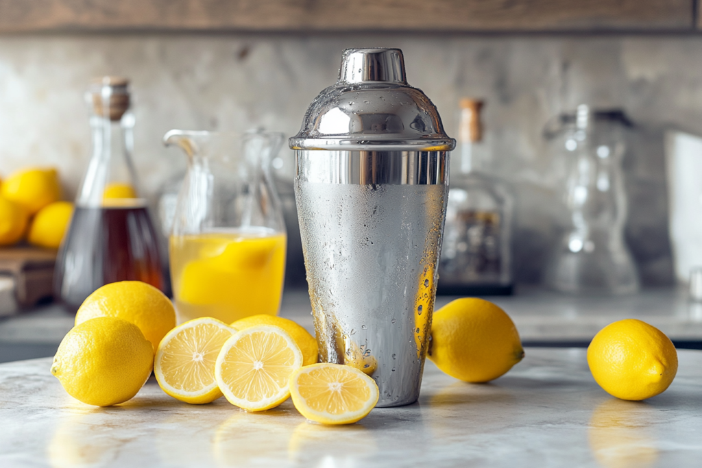 Lemon San Diego cocktail recipe being shaken in a metal cocktail shaker