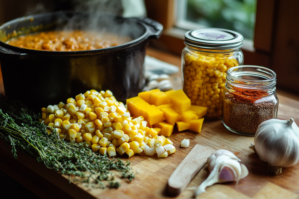 A rustic kitchen table showcasing the core ingredients of Three Sisters Soup: sweet corn kernels, a mix of kidney, pinto, and black beans, and wedges of butternut and acorn squash. Surrounding the ingredients are chopped onions, garlic cloves, fresh thyme, oregano sprigs, a jar of smoked paprika, chili flakes, and a simmering pot of soup with steam rising in the background.