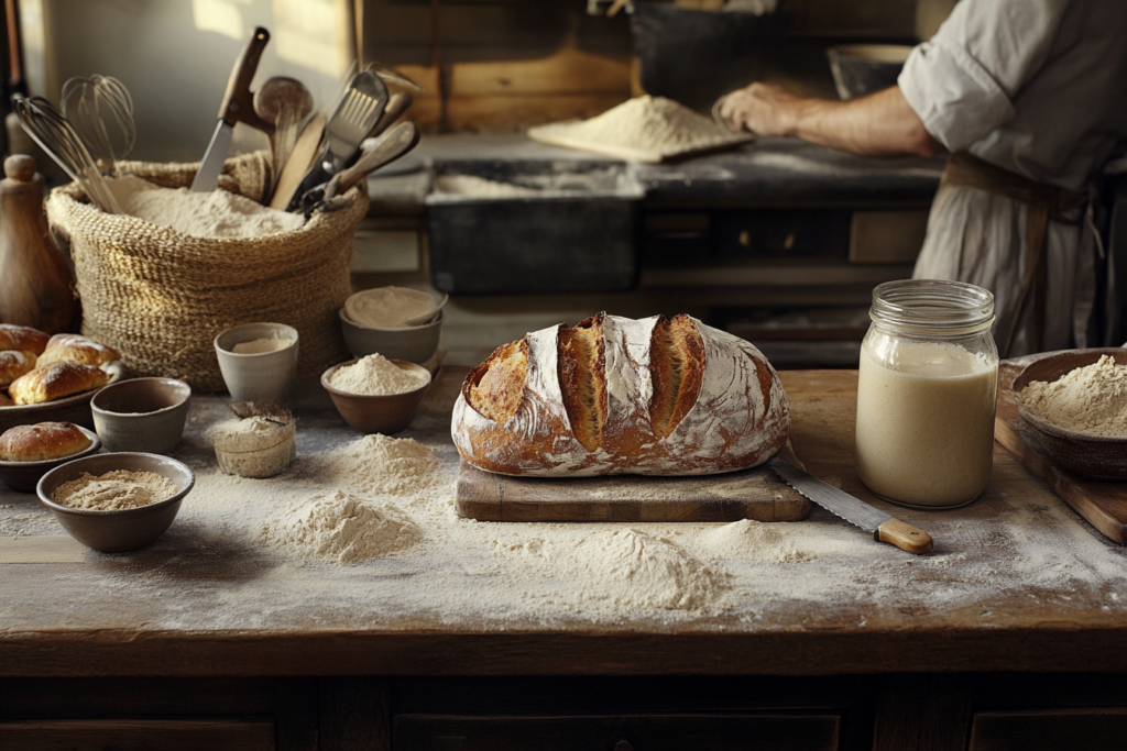 A rustic kitchen with flour-covered counters, a bubbling jar of sourdough starter, and bowls of various flours. A freshly baked sourdough loaf with a golden crust sits on a cutting board, showcasing airy slices and an inviting artisanal atmosphere