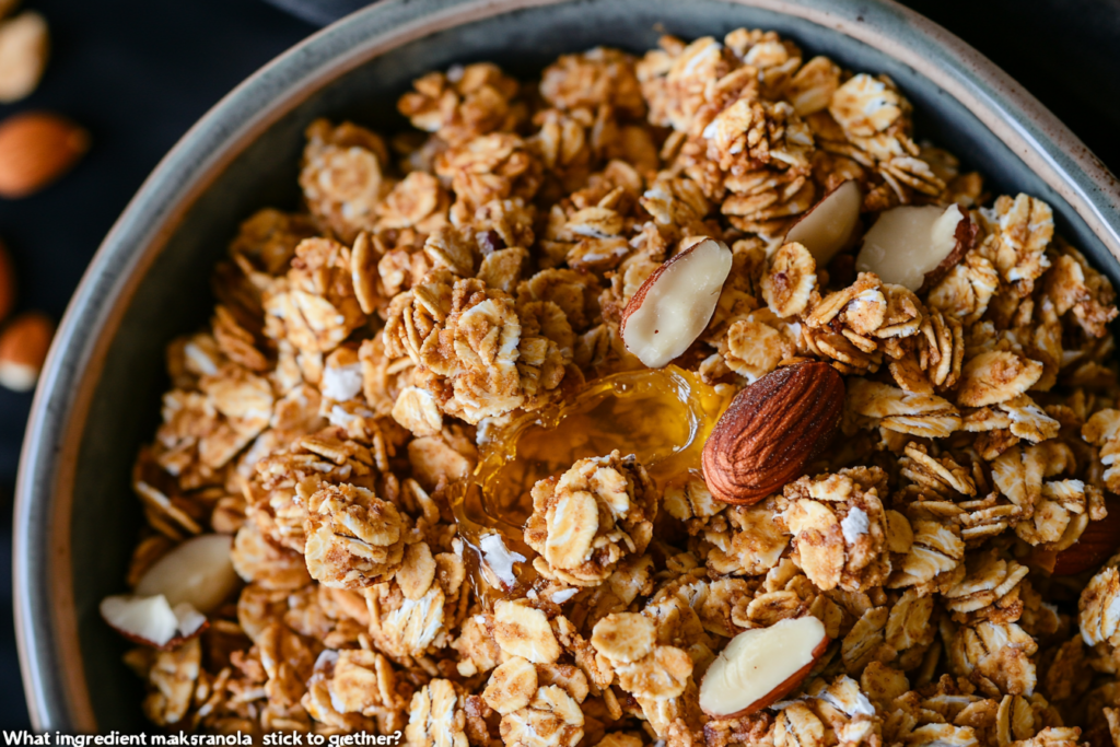 What ingredient makes granola stick together?” close-up of crunchy oat clusters.
