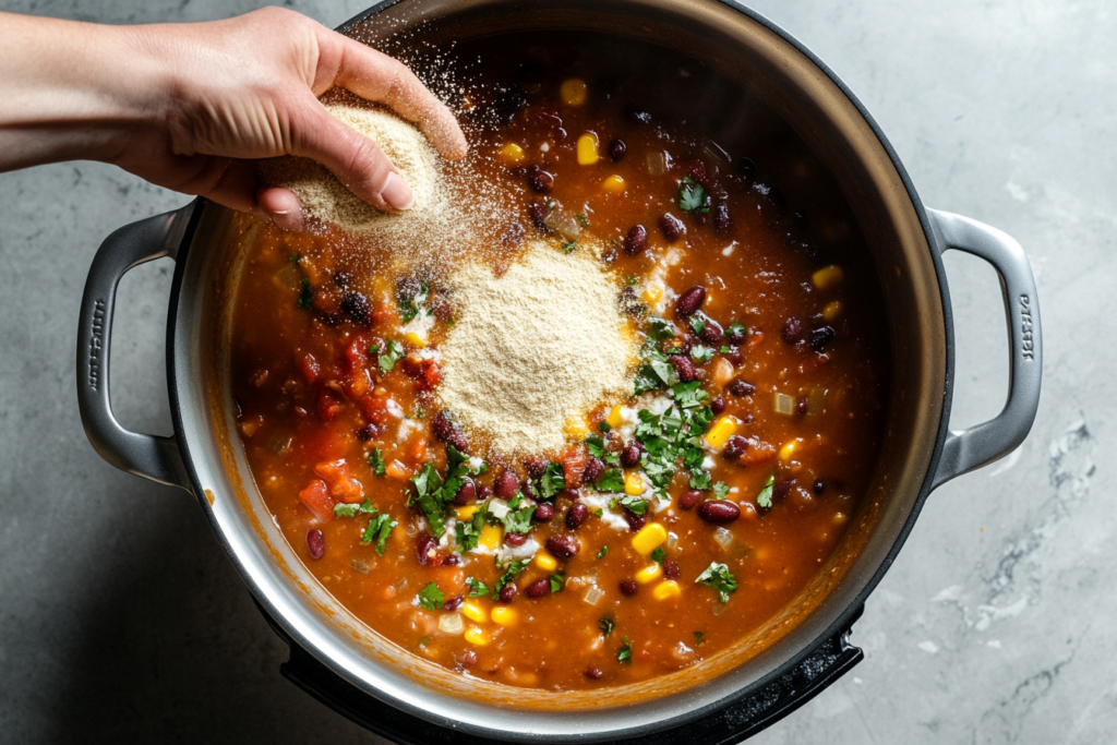 What can I use to thicken taco soup? Masa harina being sprinkled in.