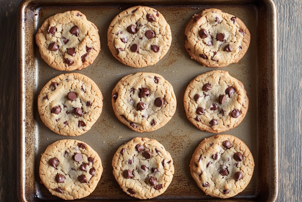 How do you find the perfect cookie size? A tray of evenly sized chocolate chip cookies.