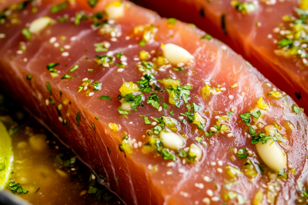 Marinated tuna fillet illustrating what seasonings are good on tuna.
