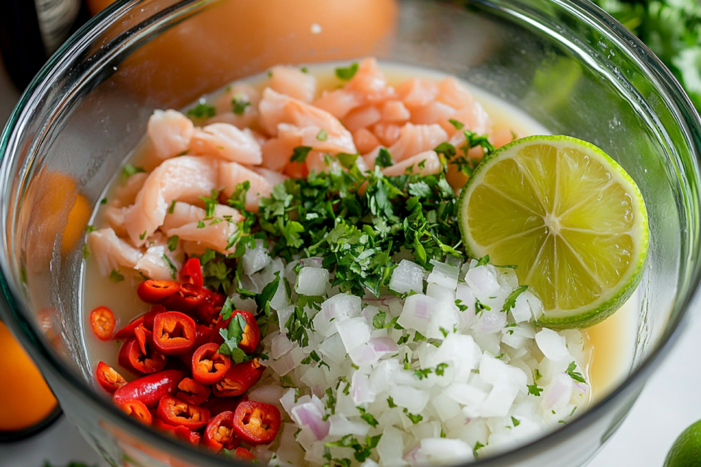 Mixing leche de tigre recipe in a bowl with citrus and spices