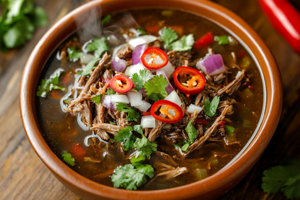What is Birria taco soup made of? A flavorful bowl of slow-cooked beef, chili peppers, and rich broth.