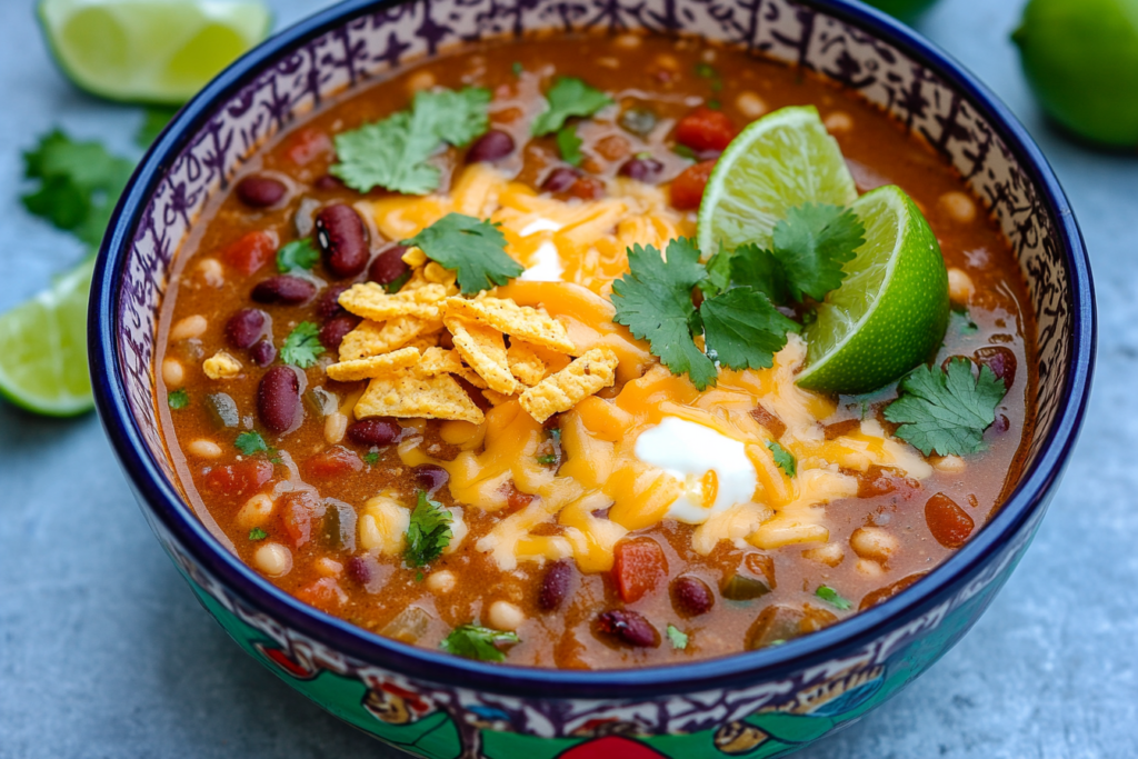Delicious taco soup frios recipe in a bowl with crunchy toppings
