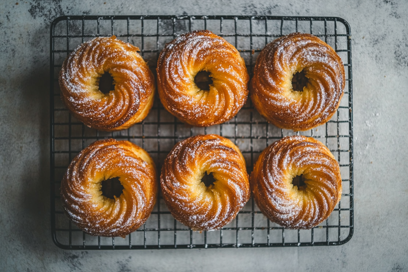 Flaky cruffin pastry layers showing buttery dough inside