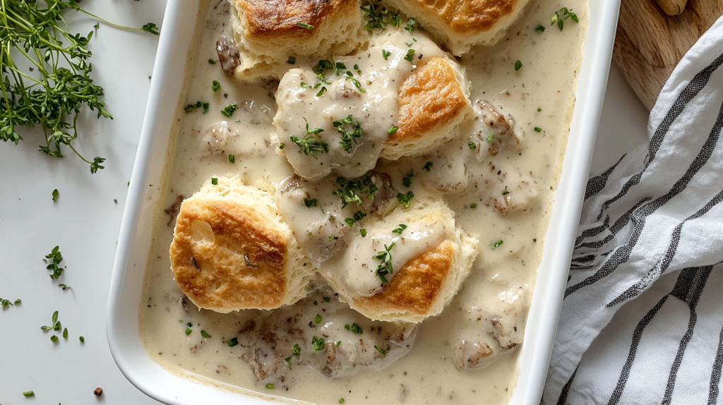 Freshly baked biscuits topped with creamy sausage gravy