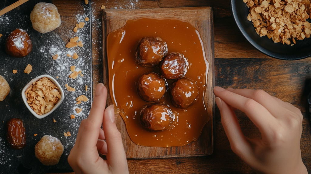 Date caramel being drizzled over a dessert, resembling traditional caramel in appearance and texture
