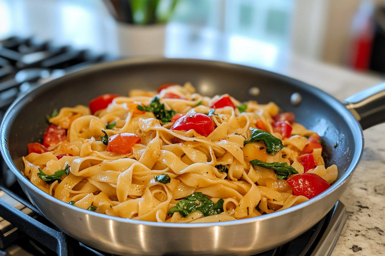 A hearty bowl of italian drunken noodles recipe with sausage, red wine sauce, and basil.
