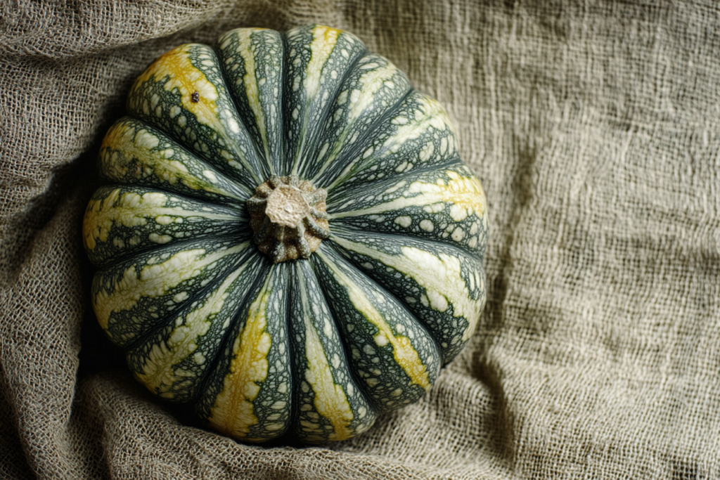 A single kabocha squash with a green and yellow striped pattern, resting on a textured burlap fabric. The squash has a rough stem and a natural, rustic appearance.