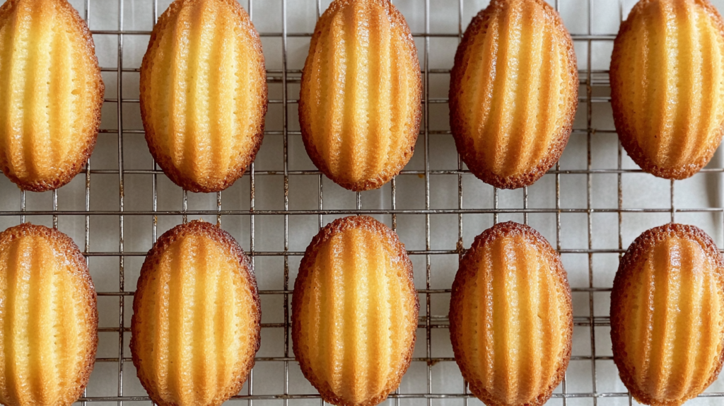 Freshly baked madeleines on a cooling rack, highlighting their moist texture.
