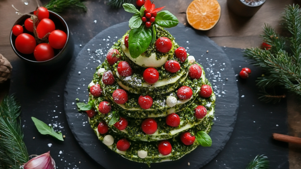 Hands arranging cheeses and pesto to form a Christmas tree