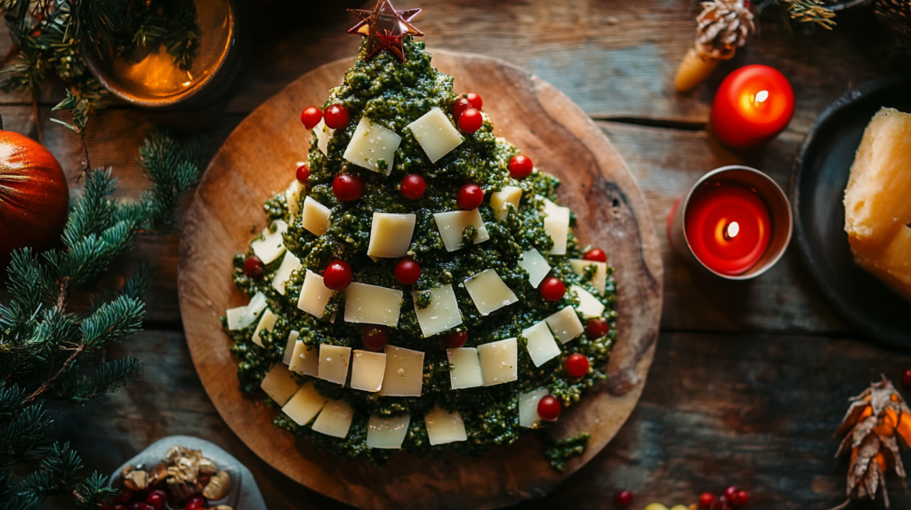 Festive pesto and cheese Christmas tree centerpiece on a holiday platter