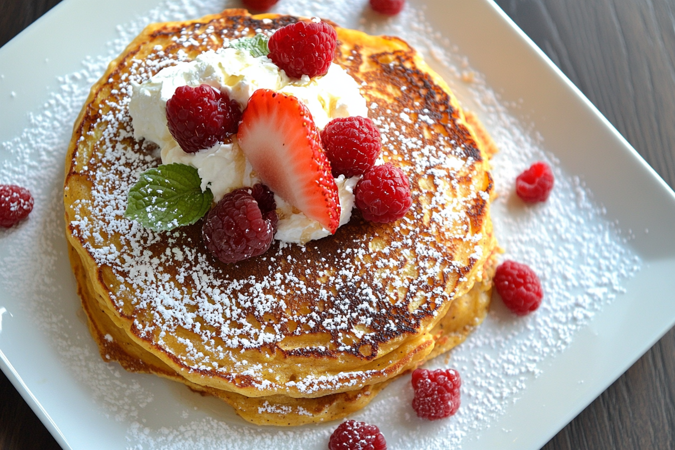 Fluffy pumpkin pancakes recipe served warm with maple syrup and butter