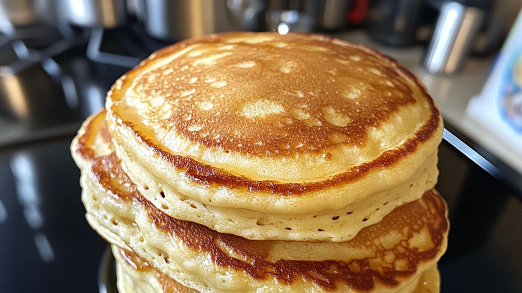 Fluffy sourdough pancakes stacked on a plate with syrup