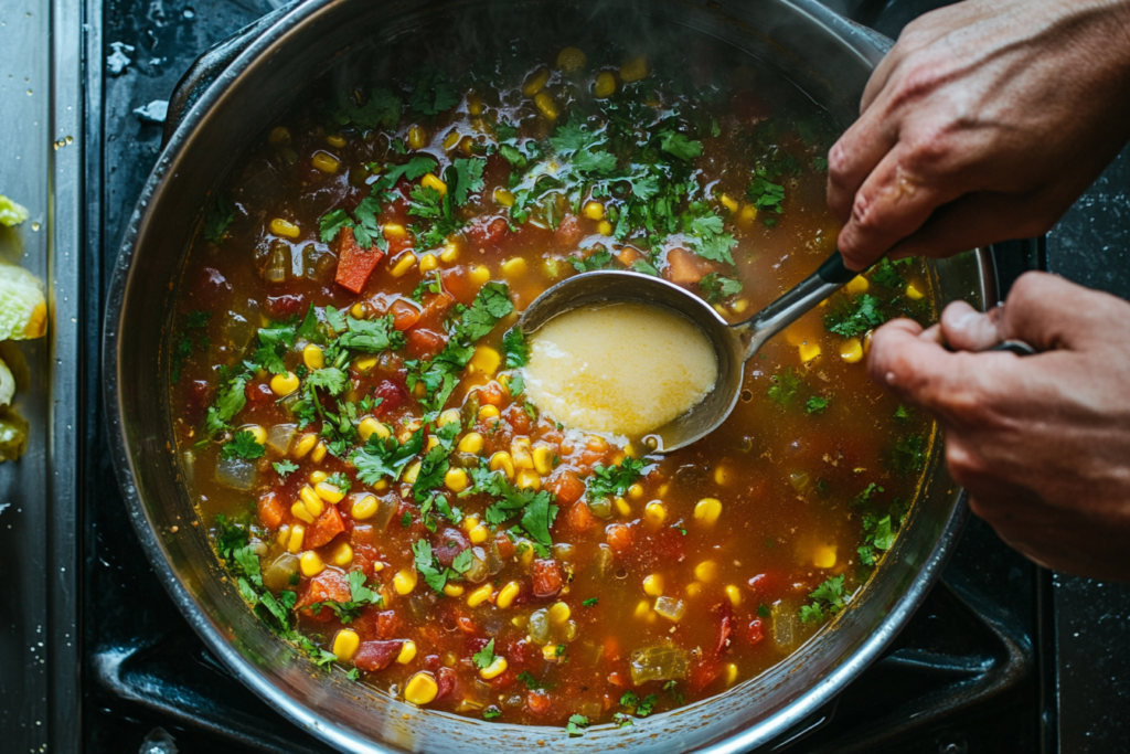 What can I use to thicken taco soup? A top-down view of thickened taco soup.