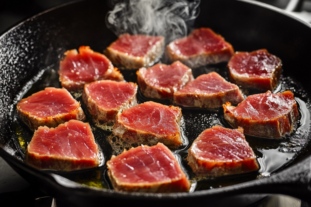 How is ahi tuna best cooked? Searing tuna in a hot cast-iron skillet.