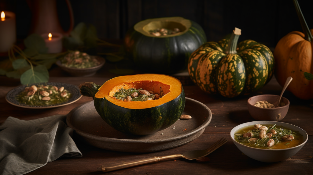 Cozy kitchen scene showcasing the velvety texture of green kabocha squash. A roasted kabocha wedge glistens under warm lighting, paired with toasted nuts and seeds for contrast. A creamy kabocha soup in a rustic bowl is garnished with olive oil and herbs, with a side of mashed kabocha topped with crunchy toppings, evoking warmth and indulgence.