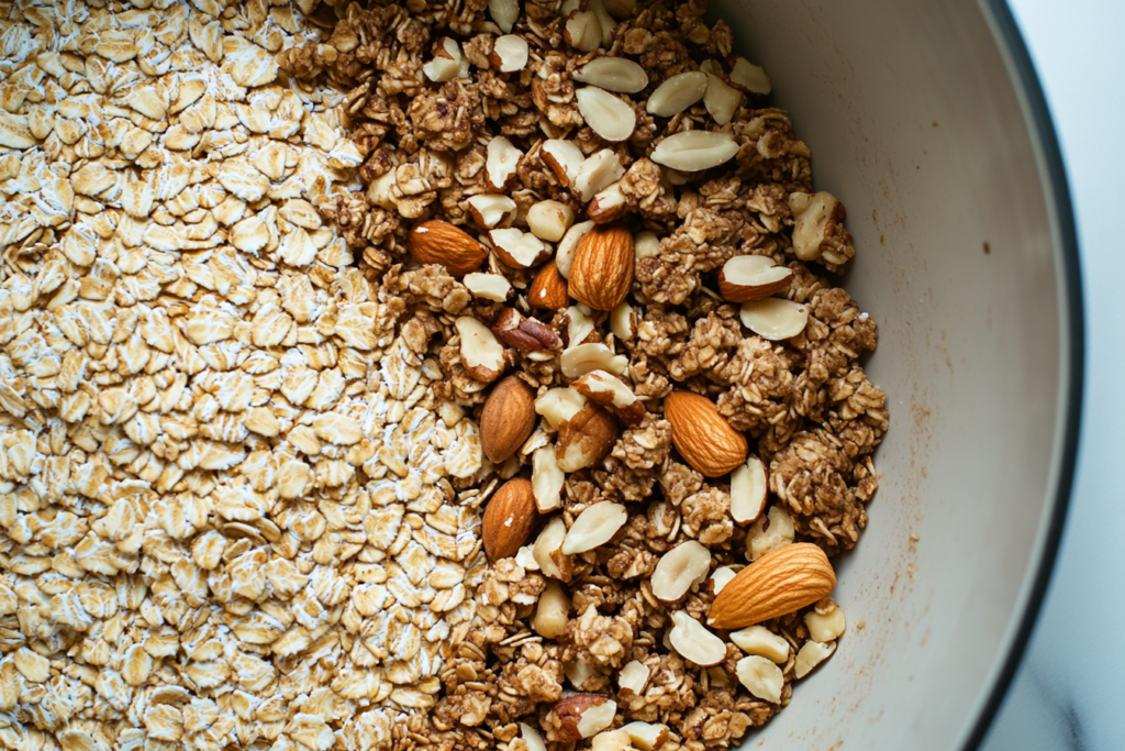 Dry ingredients of vanilla nut granola recipe including oats and nuts.