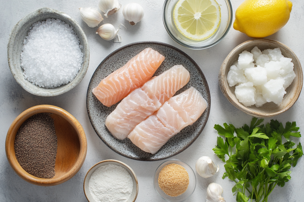 Ingredients for homemade fish food spread on a kitchen counter