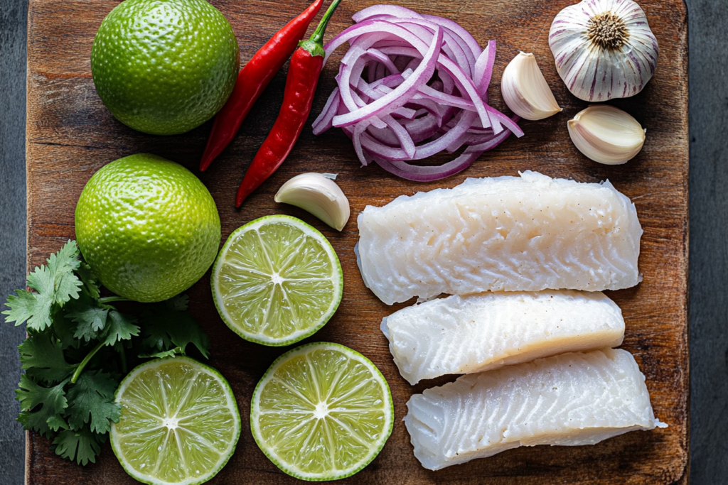 Ingredients for leche de tigre recipe displayed on a cutting board