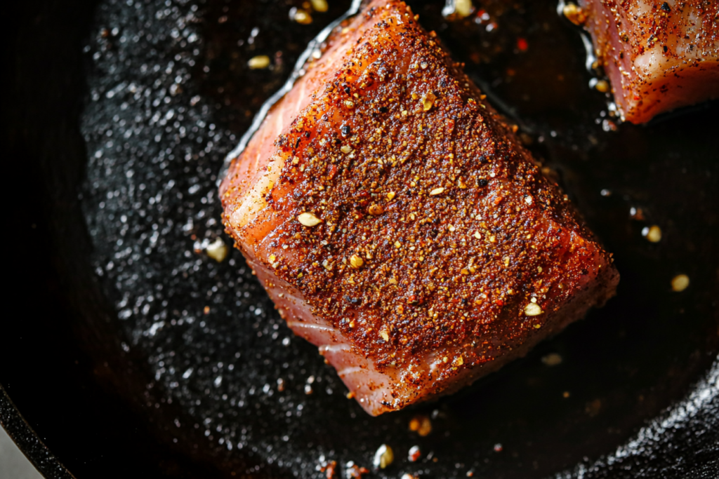 Spice-rubbed tuna steak showing what seasonings are good on tuna.