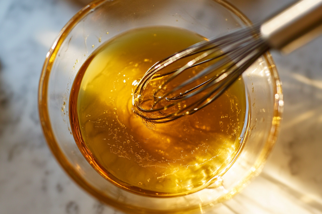 Stirring vanilla-infused wet ingredients for vanilla nut granola recipe