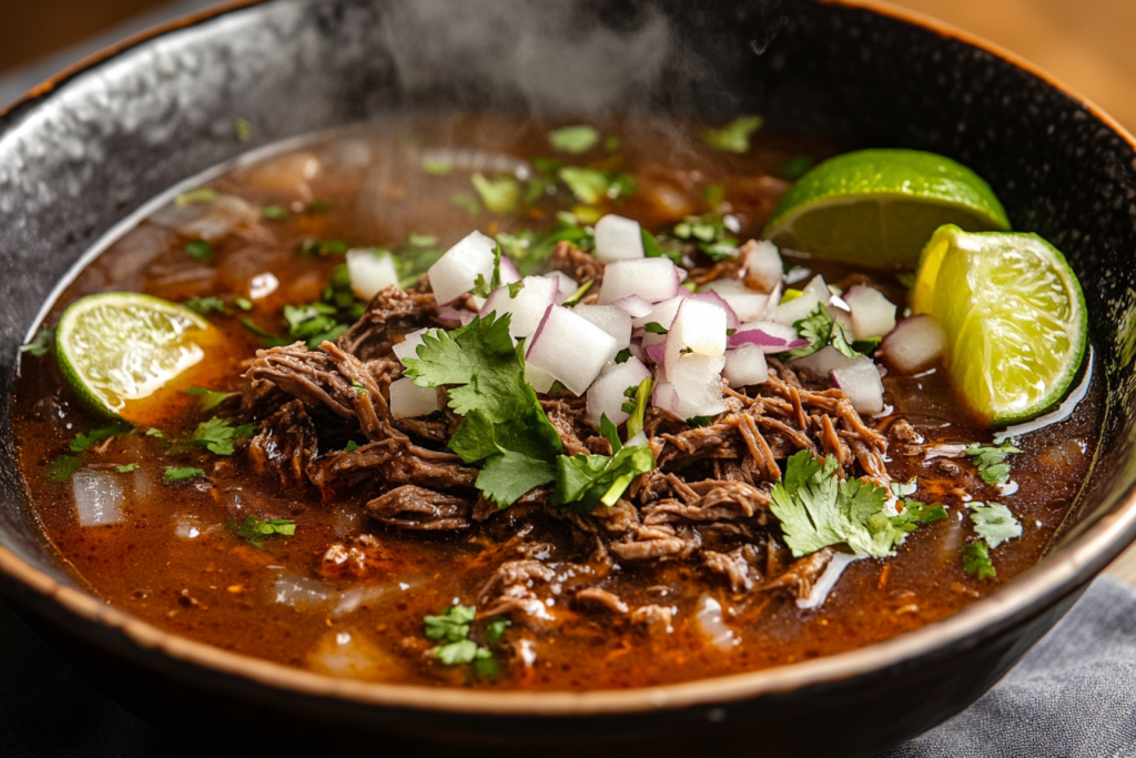 What is Birria taco soup made of? A vibrant bowl garnished with cilantro, onions, and lime.