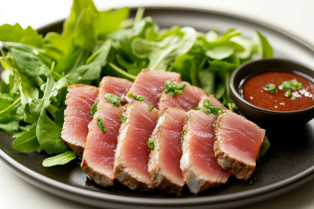 Plated ahi tuna recipe -seared slices with fresh greens and dipping sauce