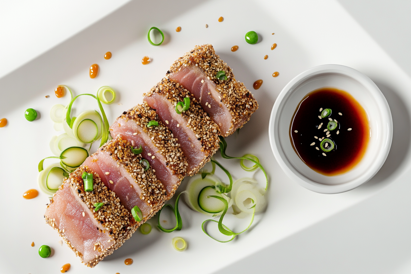 How is ahi tuna best cooked? A beautifully seared ahi tuna steak with a pink center.