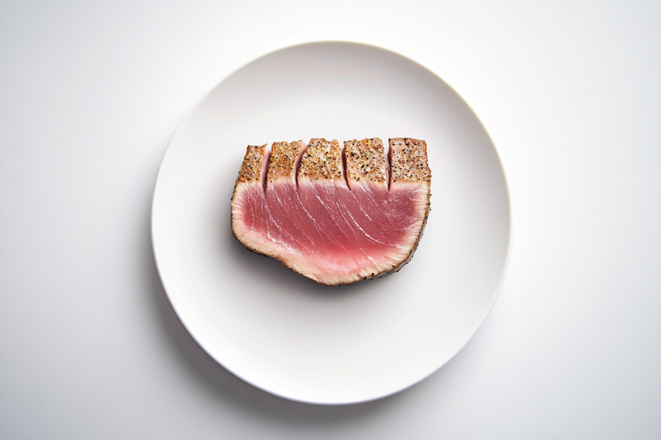 How is ahi tuna best cooked? A beautifully seared ahi tuna steak with a pink center.