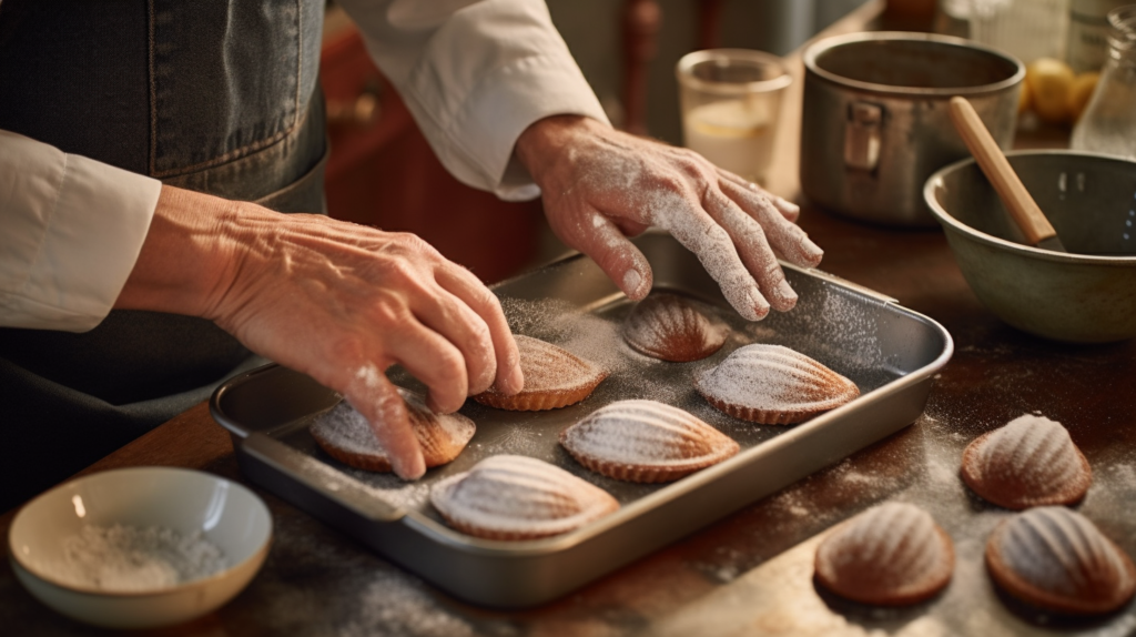 Close-up of a baker’s hands greasing and flouring a traditional shell-shaped madeleine pan in a softly lit, pastel-hued kitchen. Fine flour dust is visible on the metal molds, and silicone baking molds appear in the background, highlighting an artisanal, cozy atmosphere.