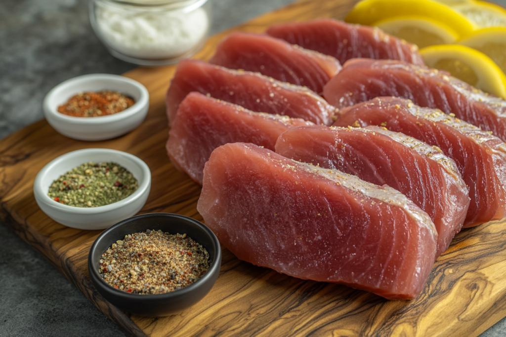 How is ahi tuna best cooked? Fresh, raw ahi tuna steaks ready for seasoning.